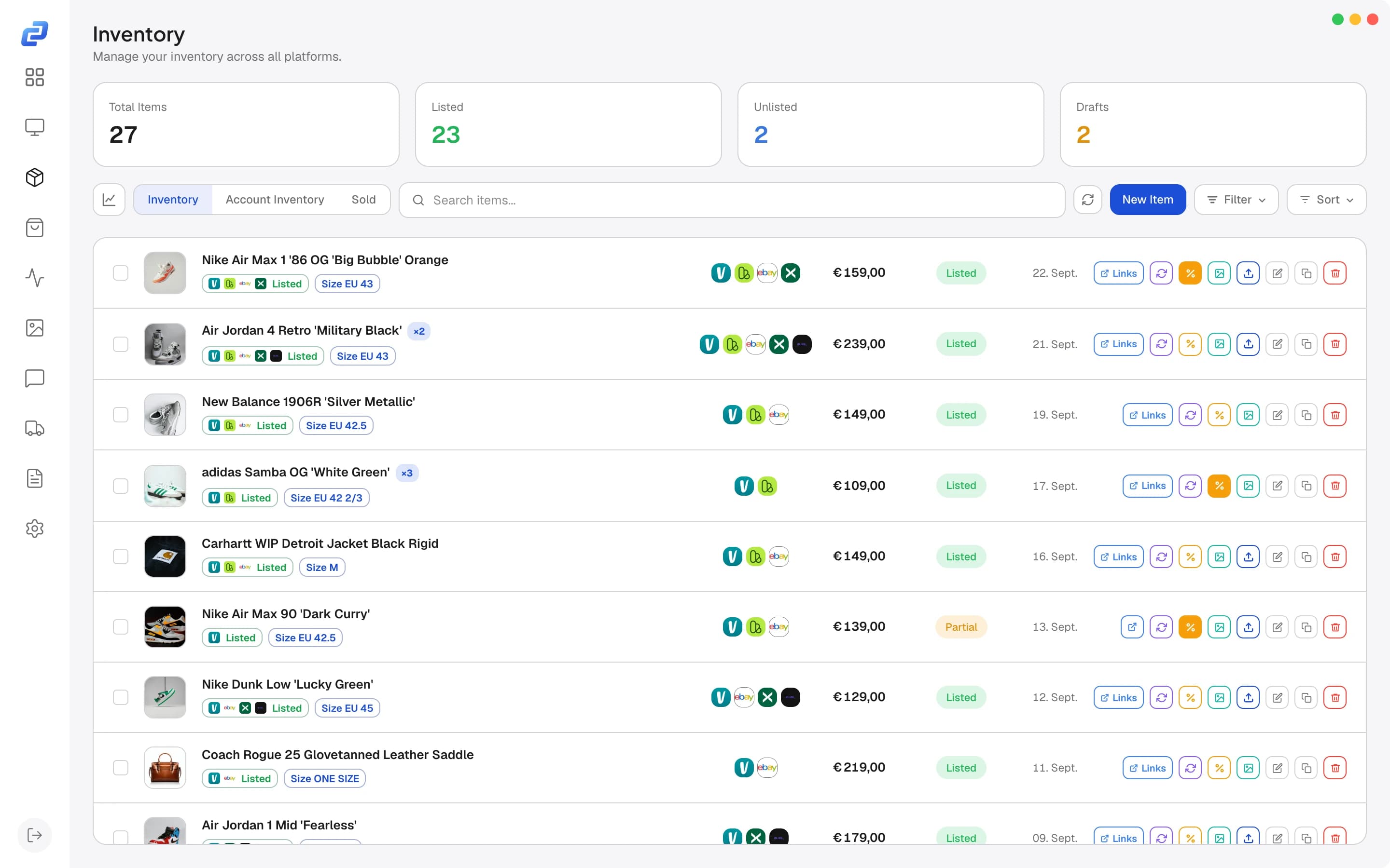 Calius inventory with sneakers and clothing listed on several marketplaces